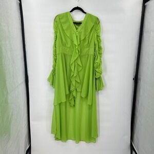 Sheer Ashro Alameda High Low Top size Large Lime Green Statement Ruffles V Neck